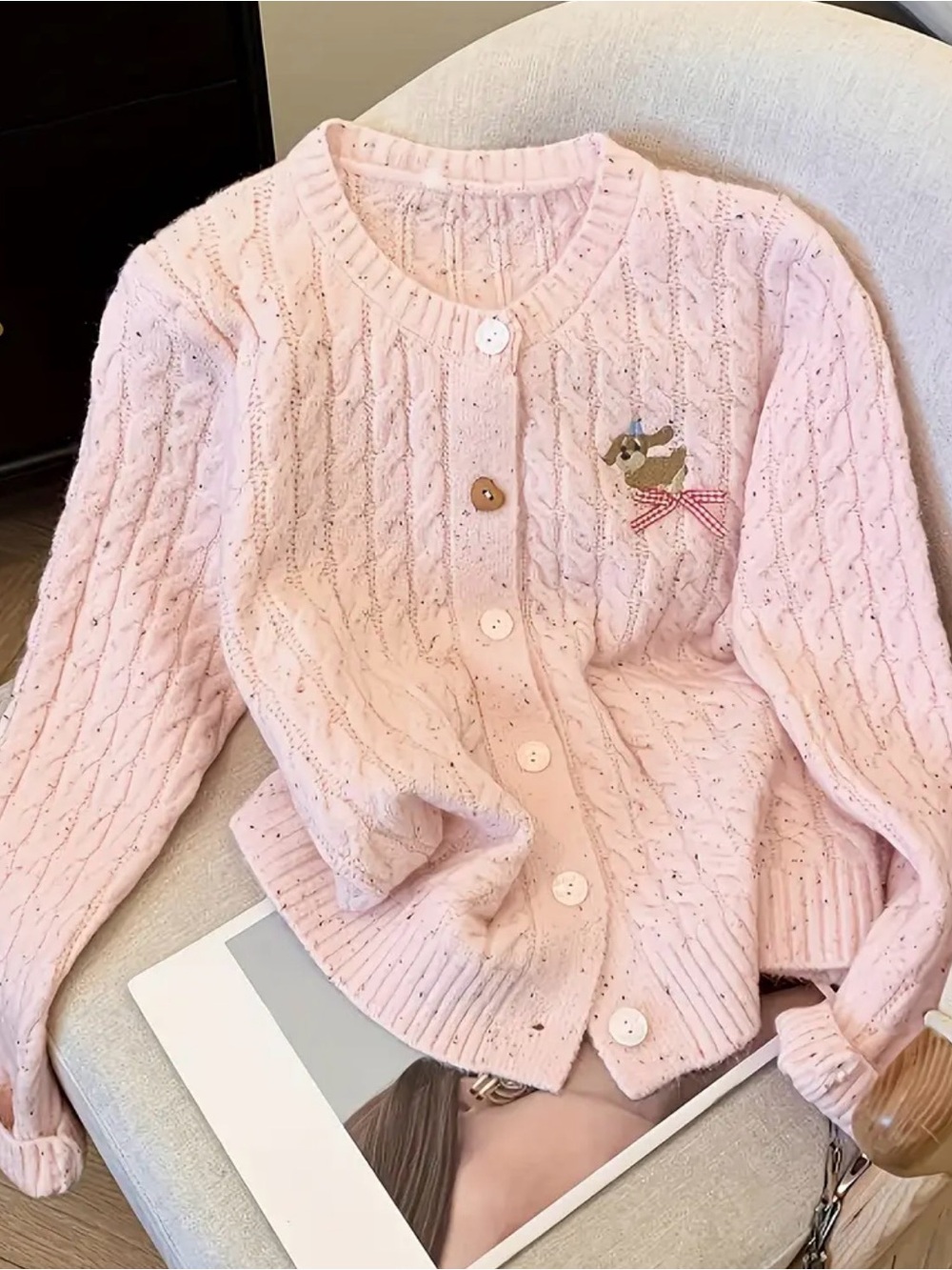 {NEW} Pink Cable-Knit Button Cardigan Sweater with Bow M